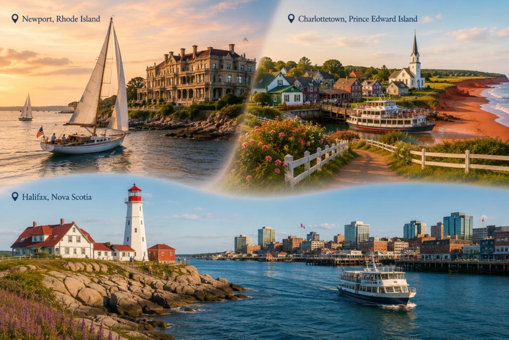 Shore Excursions Group boat tour past coastal lighthouse in Canada New England