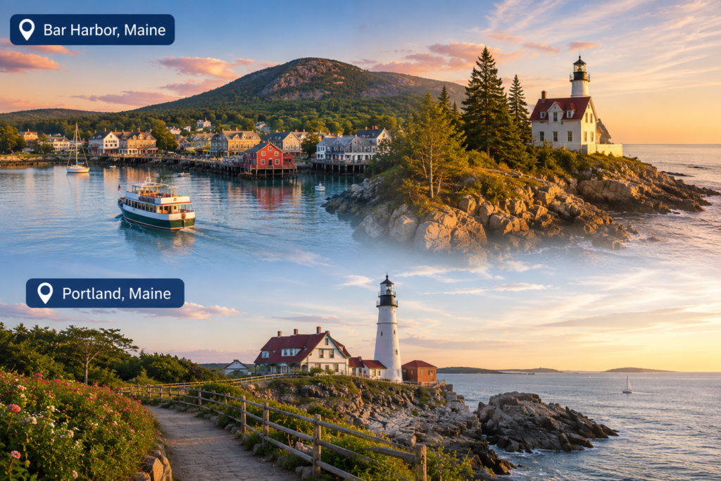 Shore Excursions Group boat tour past coastal lighthouse in Canada New England
