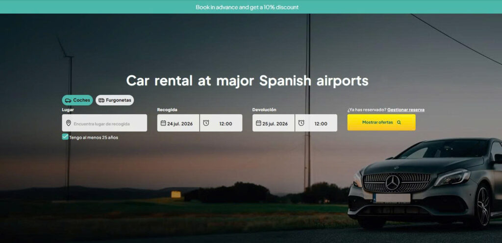 Wiber Rent a Car homepage header interface for car rental at major Spanish airports