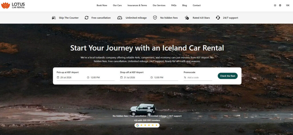 Blue Car Rental vs Lotus Car Rental vehicles in Iceland landscape